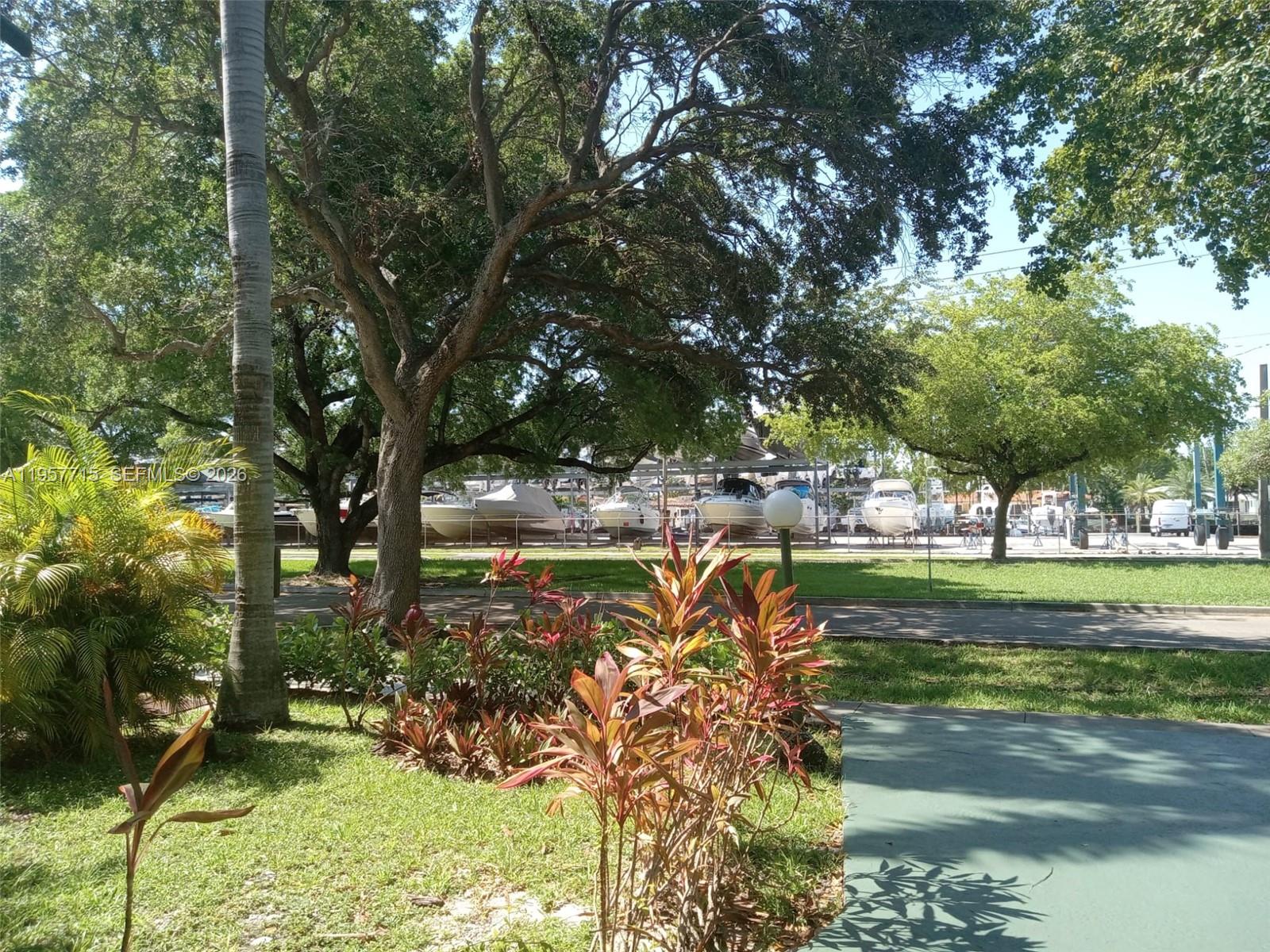 A view of a grassy yard with tropical plants, large trees, and boats in storage — 1975 NE 135th St # 3C, North Miami FL 33181, NORTH MIAMI, FL
