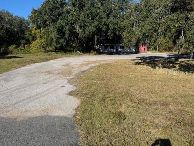 A gravel driveway leads toward a small, partially obscured building surrounded by mature trees — 11542 S US HIGHWAY 301, WEBSTER, FL