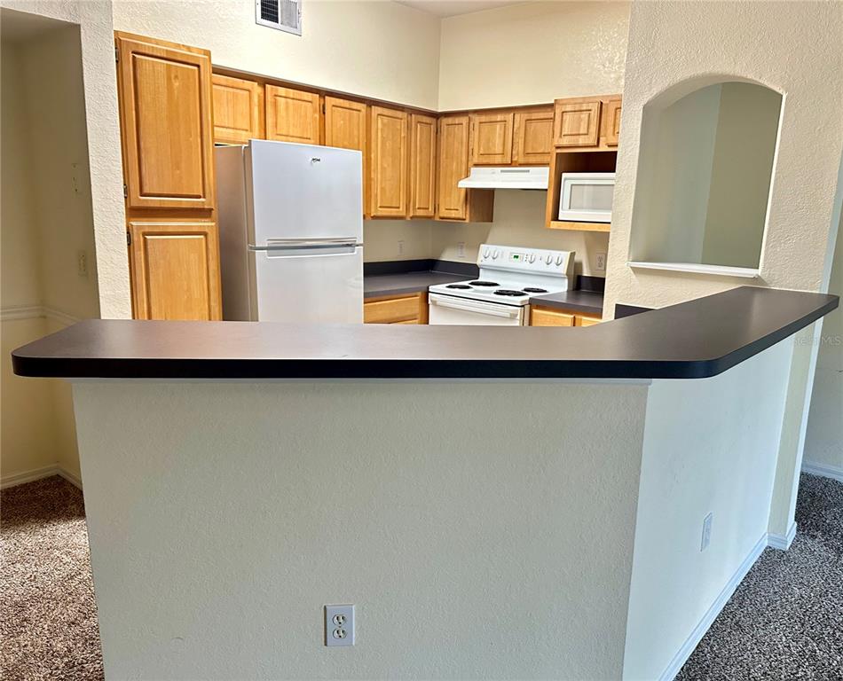 A kitchen features wooden cabinets, white appliances, and a dark countertop breakfast bar — 3446 SOHO STREET UNIT 206, ORLANDO, FL