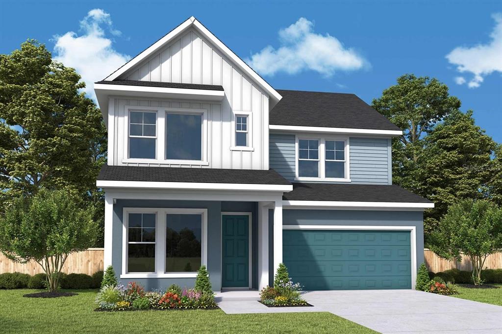 This is a digital rendering of a two-story house with blue siding and white trim — 5122 SEA BRANCH AVENUE, APOLLO BEACH, FL