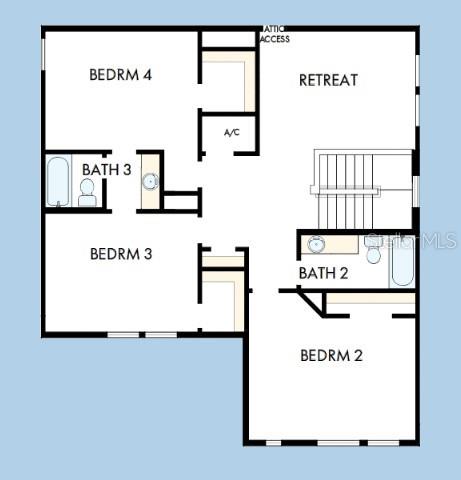 This is a floor plan showing the layout of a second floor with three bedrooms, two bathrooms, and a retreat — 5122 SEA BRANCH AVENUE, APOLLO BEACH, FL