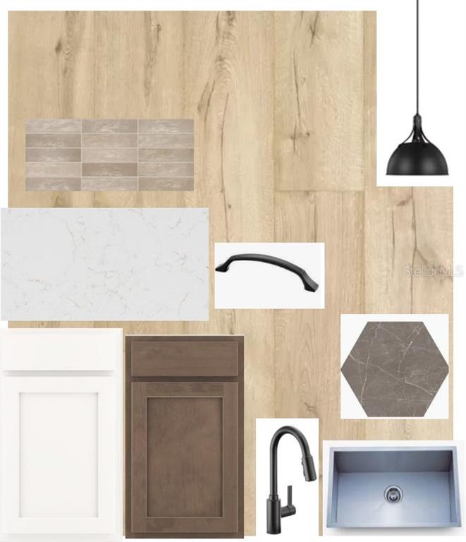 This is a design mood board featuring kitchen cabinet, countertop, flooring, and fixture samples — 5122 SEA BRANCH AVENUE, APOLLO BEACH, FL
