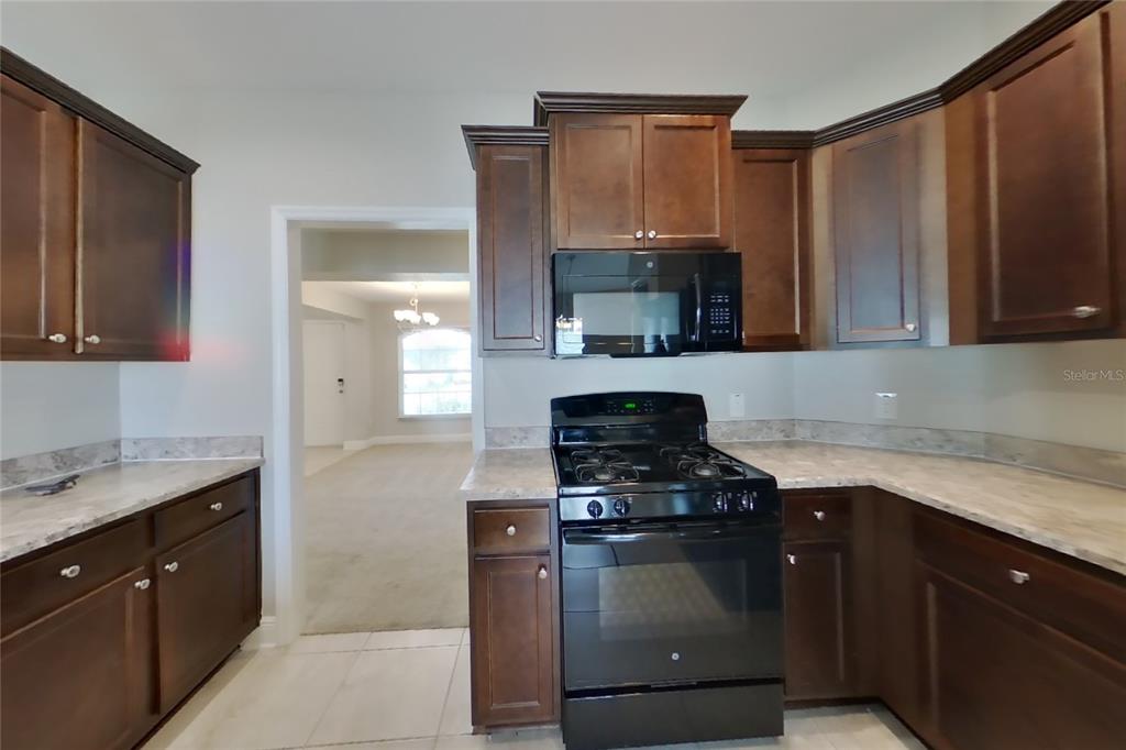 A kitchen features dark wood cabinets, black appliances, and light-colored countertops — 1599 LEMON AVENUE, WINTER HAVEN, FL