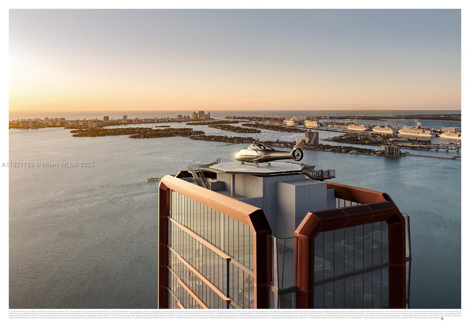 This architectural rendering shows a high-rise building rooftop with a helipad and a helicopter — 710 NE 29th St # 3002, Miami FL 33137, MIAMI, FL
