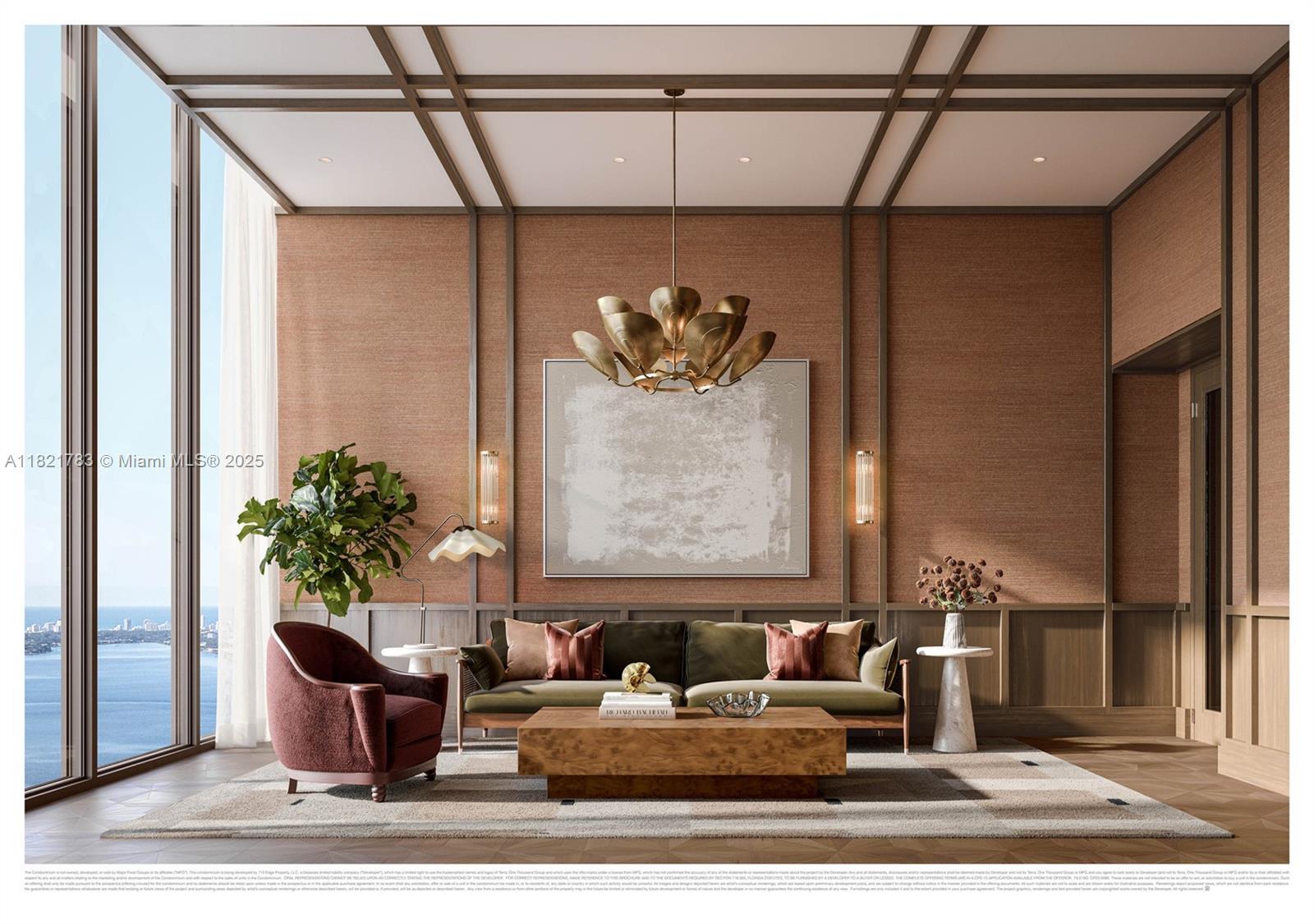 This rendering shows a living room with textured brown walls, a sofa, and floor-to-ceiling windows — 710 NE 29th St # 3002, Miami FL 33137, MIAMI, FL