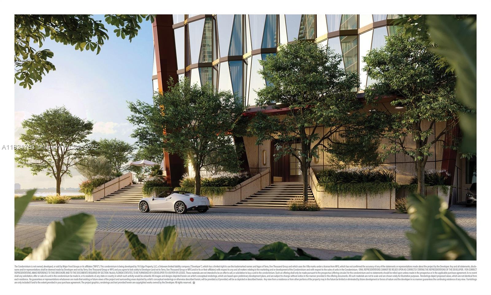 This architectural rendering shows the exterior entrance of a modern building with a parked car — 710 NE 29th St # 3002, Miami FL 33137, MIAMI, FL