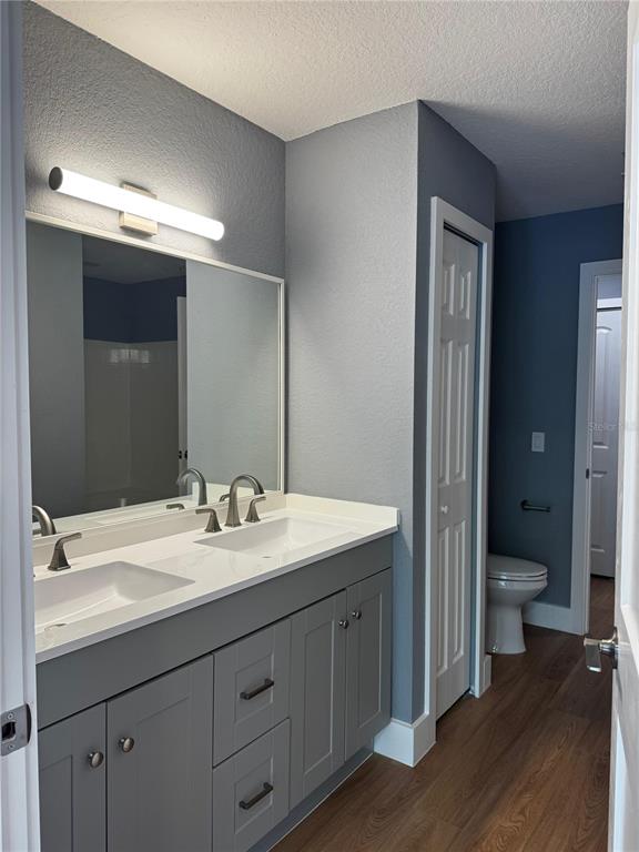 A bathroom features a double-sink vanity with gray cabinets, a large mirror, and wood flooring — 13001 MULBERRY PARK DR UNIT 112, ORLANDO, FL