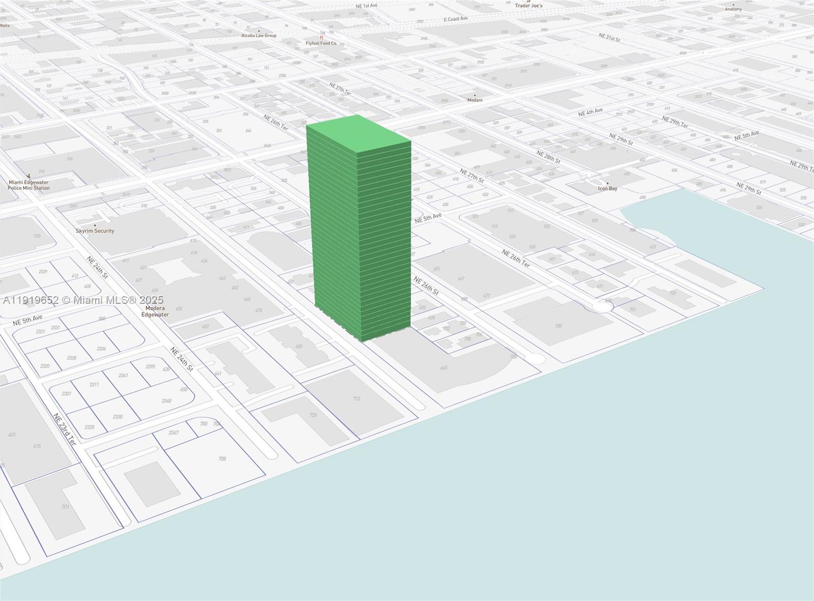 This is a 3D map rendering showing a highlighted green building in an urban area — 475 NE 25th St, Miami FL 33137, MIAMI, FL