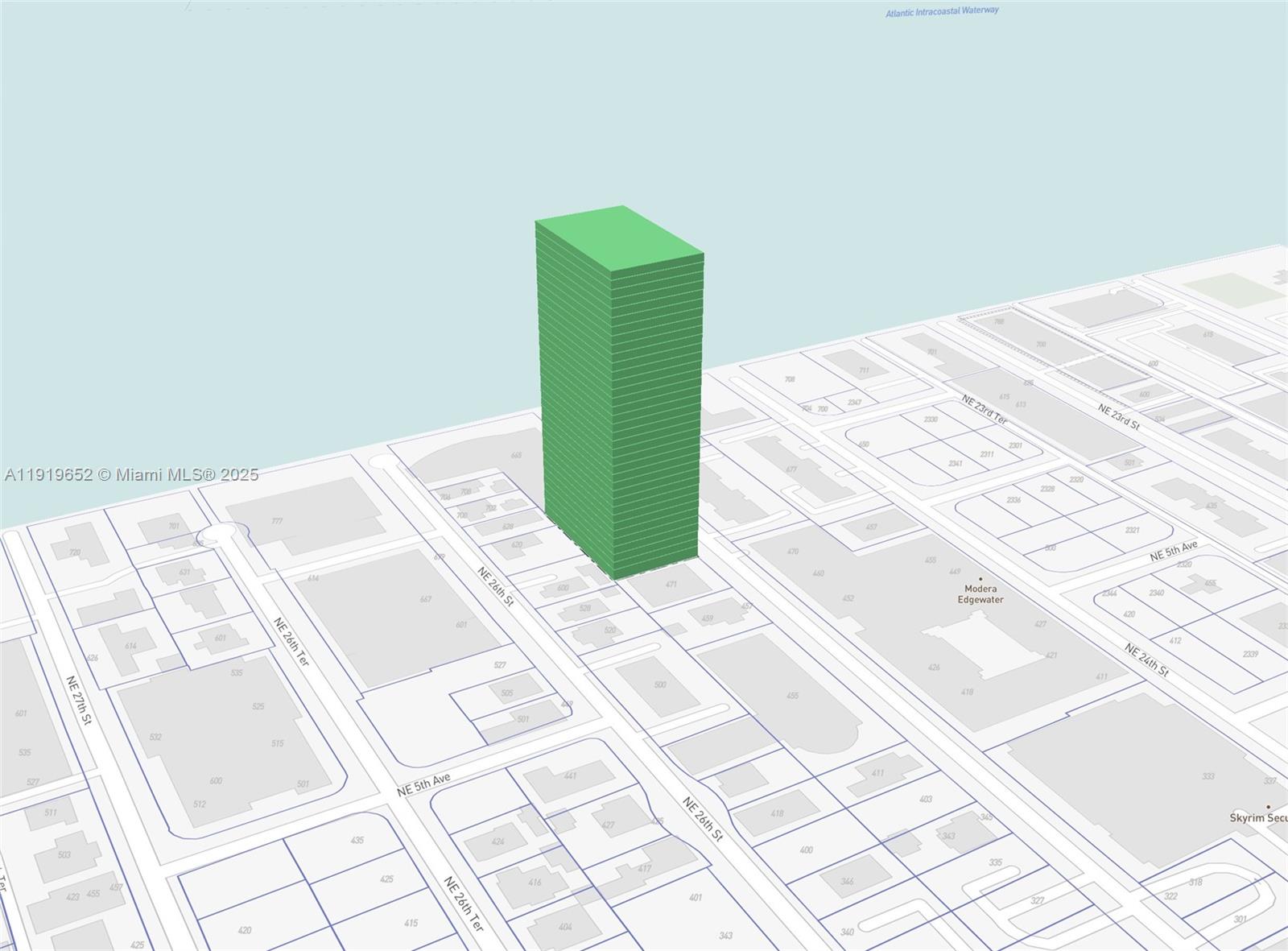 This is a 3D map rendering showing a green building model in an urban area — 475 NE 25th St, Miami FL 33137, MIAMI, FL