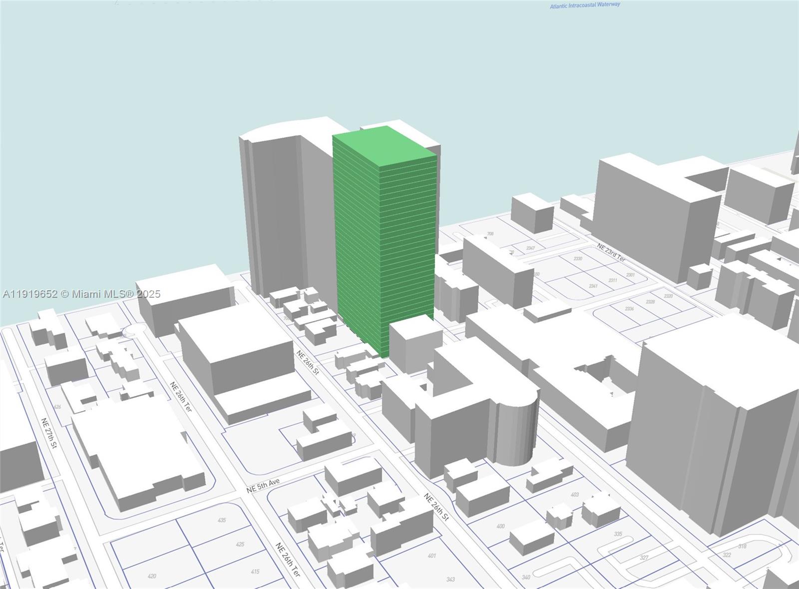 This is a 3D digital rendering of a city block featuring a highlighted green building — 475 NE 25th St, Miami FL 33137, MIAMI, FL