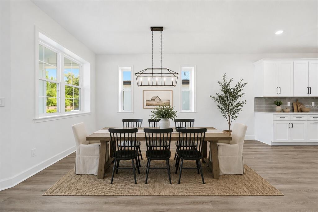 A dining room features a wooden table, black spindle chairs, upholstered end chairs, and chandelier — 1018 FARMSTEAD STREET, EUSTIS, FL