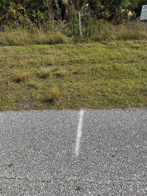 A white survey mark on an asphalt road borders a grassy, undeveloped lot — 7098 PRINCETON STREET, PORT CHARLOTTE, FL