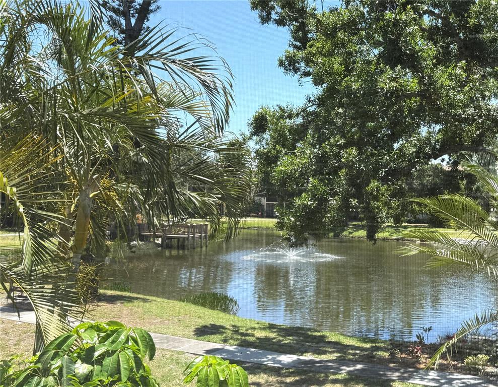 A view of a pond with a fountain and a wooden dock from behind a screen — 425 30TH AVENUE W UNIT C204, BRADENTON, FL