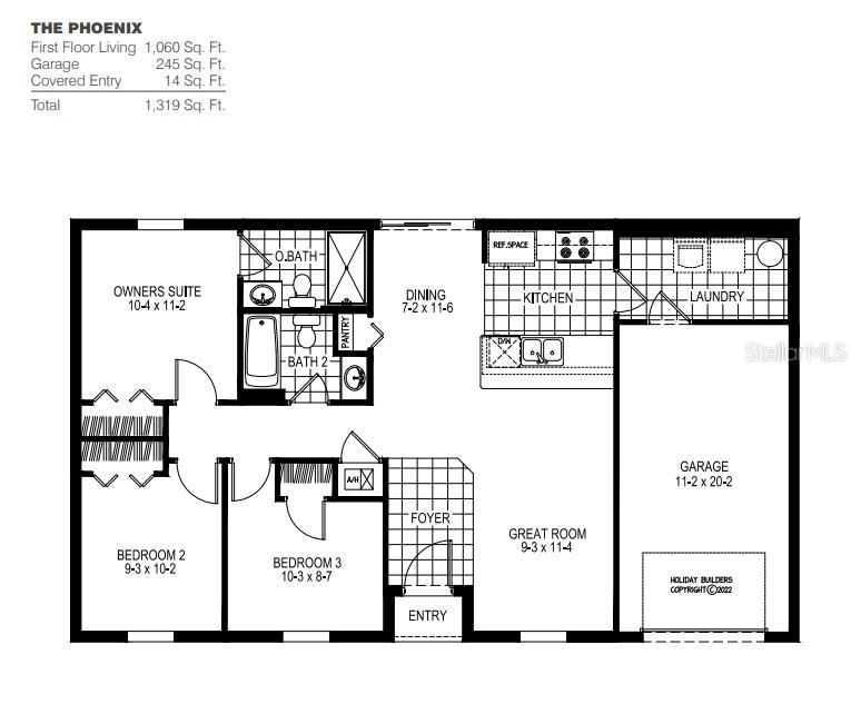 This floor plan shows a three-bedroom, two-bathroom home with an attached garage and open-concept living — 219 SPOONBILL LANE, POINCIANA, FL