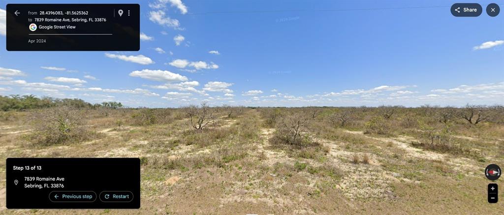 This is a Google Street View image of an undeveloped, brush-covered rural lot — 7839 ROMAINE AVENUE, SEBRING, FL