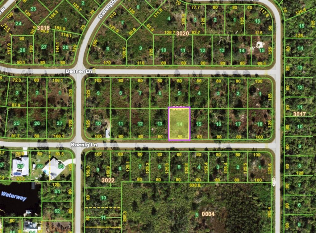 This is a map showing a residential lot highlighted in purple within a subdivision — 12468 KOENIG LANE, PORT CHARLOTTE, FL