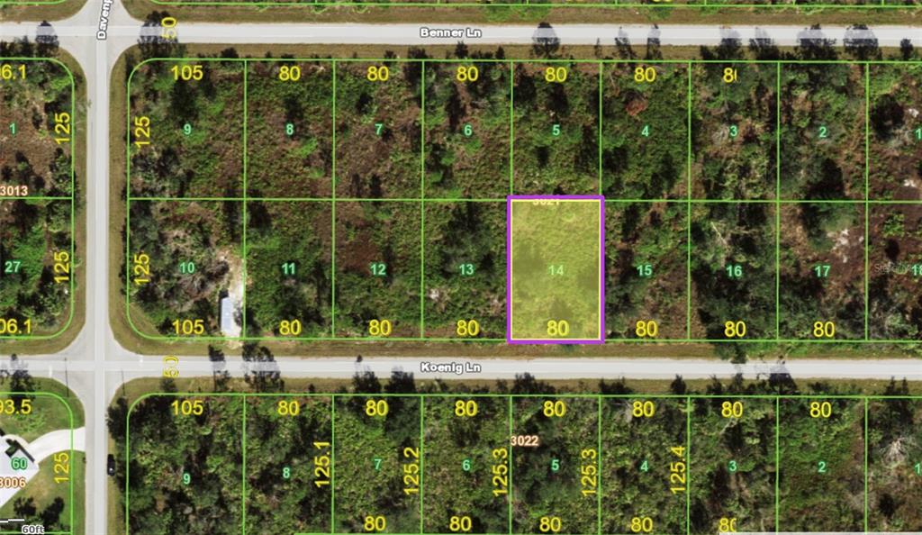 This is a map showing a highlighted rectangular plot of land among other residential lots — 12468 KOENIG LANE, PORT CHARLOTTE, FL