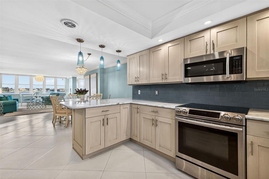 A kitchen with light wood cabinets, stainless steel appliances, and a marble-topped peninsula — 5130 BRITTANY DRIVE S UNIT 201, ST PETERSBURG, FL