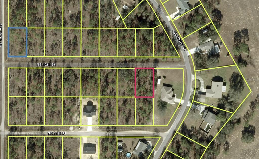 An aerial map shows several rectangular residential lots outlined in yellow, including two highlighted parcels — TBD NE 12TH STREET, ALACHUA, FL