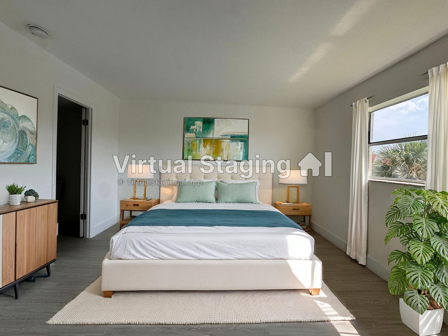 This is a virtually staged bedroom with a bed, nightstands, and a window — 2831 E Sunrise Lakes Drive E # 311, Sunrise FL 33322, SUNRISE, FL