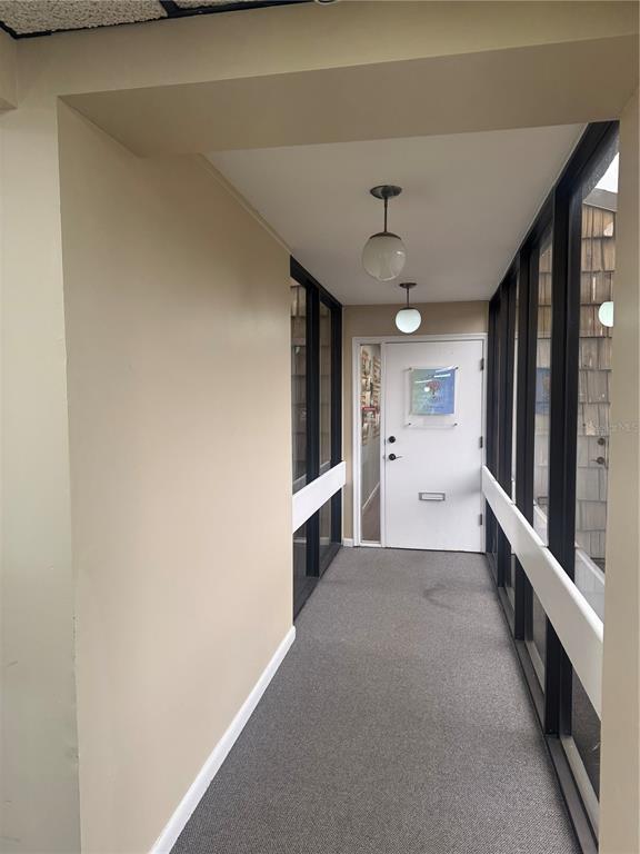 A carpeted hallway leads to a white door with two globe pendant lights overhead — 1204 NW 69TH TERRACE UNIT B, GAINESVILLE, FL