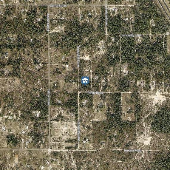 This is an aerial map view of a residential area with a house icon — TRINITY ROAD, BROOKSVILLE, FL