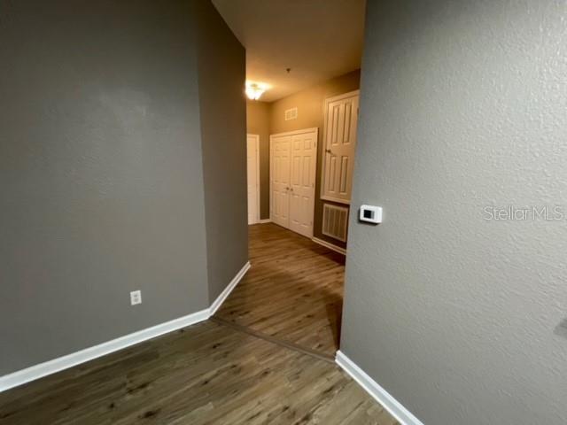 A hallway with gray walls, wood-look flooring, and white doors leads to another room — 6434 CAVA ALTA DRIVE UNIT 406, ORLANDO, FL