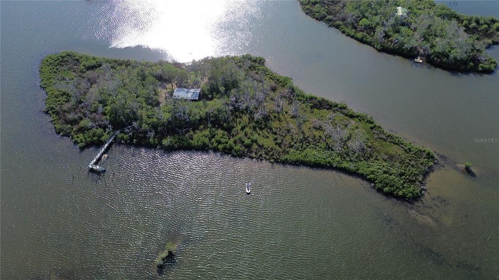An aerial view shows a small, wooded island featuring a house and a private dock — 7472 W THUNDERBIRD ISLAND, HOMOSASSA, FL