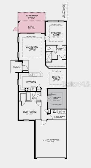 This is a floor plan for a single-story home with two bedrooms, a study, and garage — 3205 TORTA COURT, BRADENTON, FL