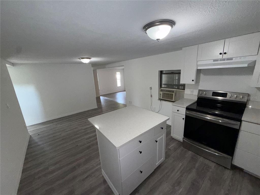 A kitchen with white cabinets, a central island, and stainless steel appliances overlooks an open living area — 17440 SE 37TH LANE, OCKLAWAHA, FL
