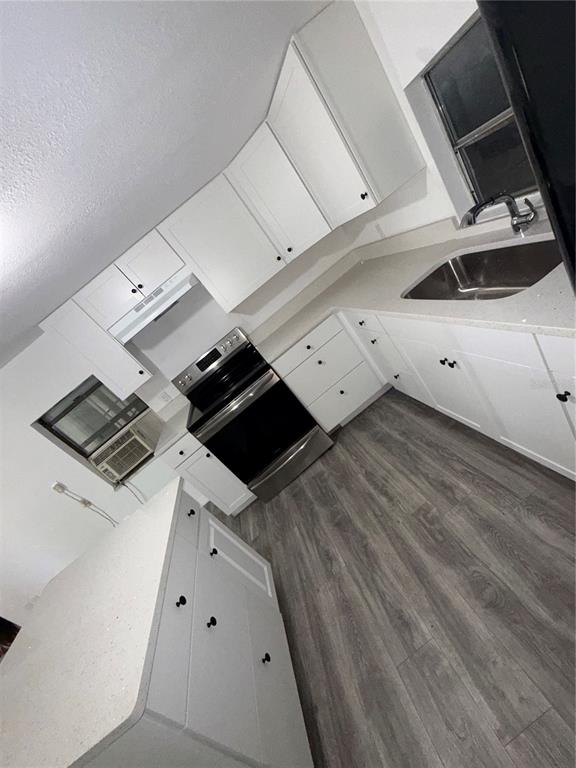 A kitchen features white cabinets, stainless steel appliances, light countertops, and gray wood-look flooring — 17440 SE 37TH LANE, OCKLAWAHA, FL