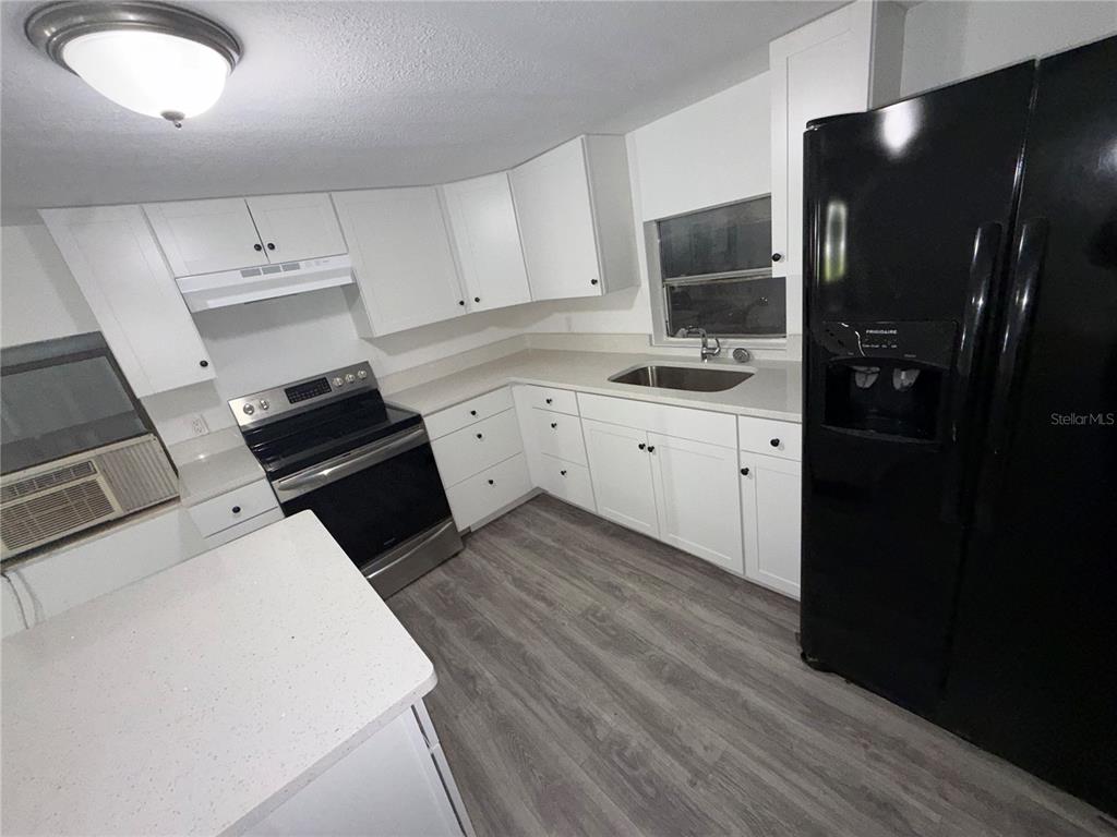 A kitchen features white cabinets, stainless steel appliances, a black refrigerator, and gray wood flooring — 17440 SE 37TH LANE, OCKLAWAHA, FL