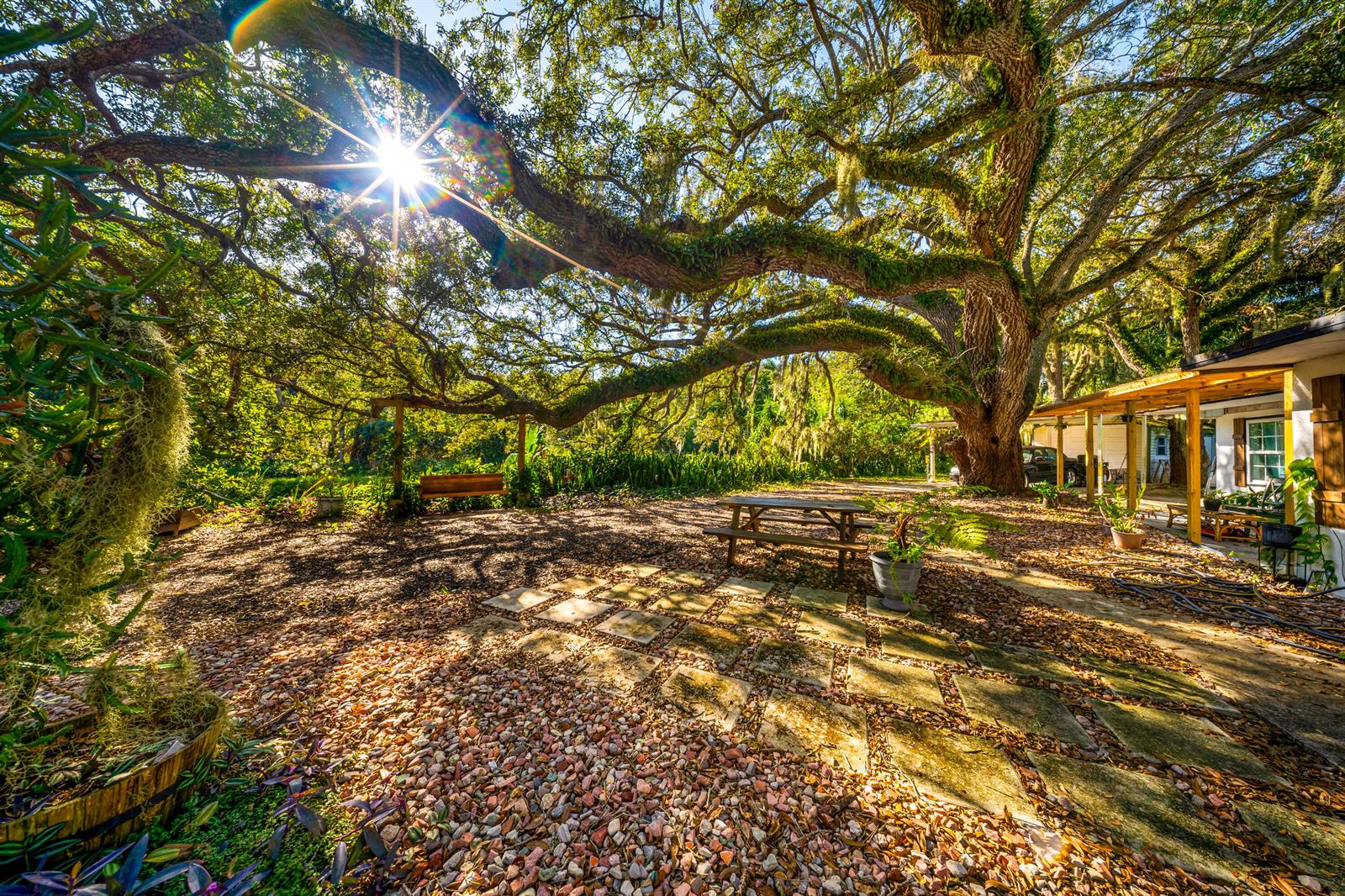 A large oak tree shades a backyard with a stone patio, picnic table, and house — 2210 Saint Lucie Boulevard, Fort Pierce FL 34946, FORT PIERCE, FL
