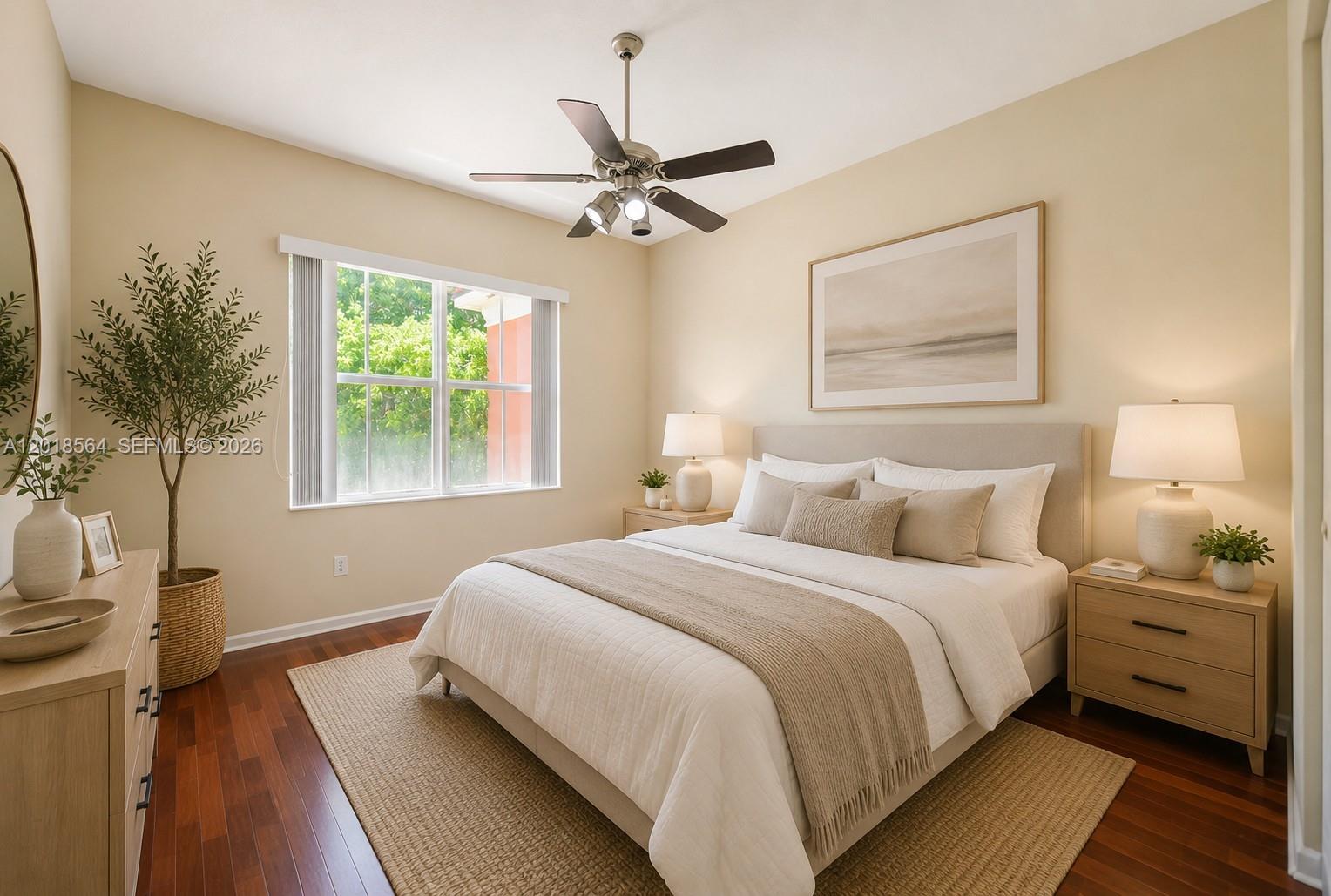 A bedroom features a queen bed, wooden nightstands, a dresser, and a ceiling fan — 4402 SW 160th Ave # 934, Miramar FL 33027, MIRAMAR, FL