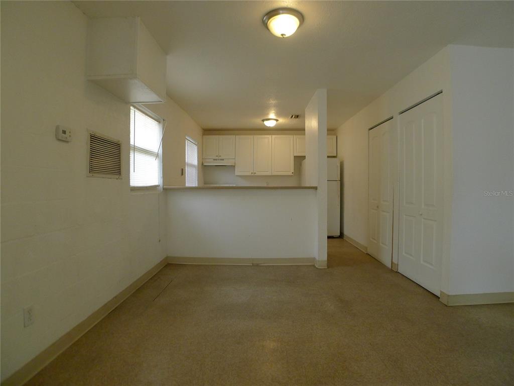 A dining area with beige carpet opens to a kitchen featuring white cabinets and appliances — 3420 N 55TH STREET UNIT B, TAMPA, FL