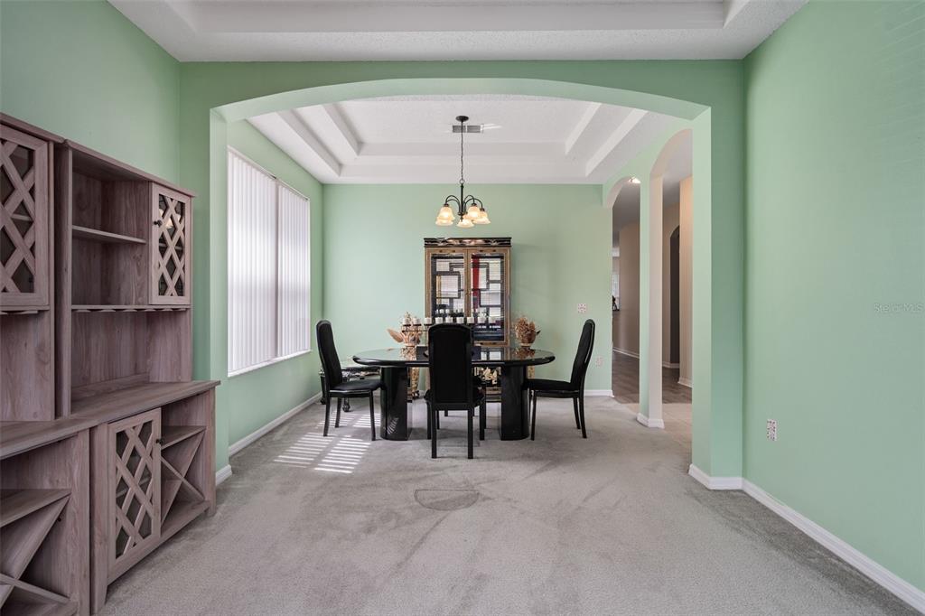 A dining room features light green walls, gray carpeting, a tray ceiling, and black furniture — 726 SENECA MEADOWS ROAD, WINTER SPRINGS, FL