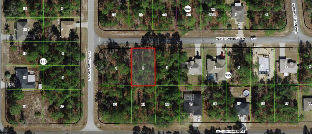 This is an aerial map showing a vacant residential lot highlighted in red — 640 W HERONSBILL LANE, DUNNELLON, FL