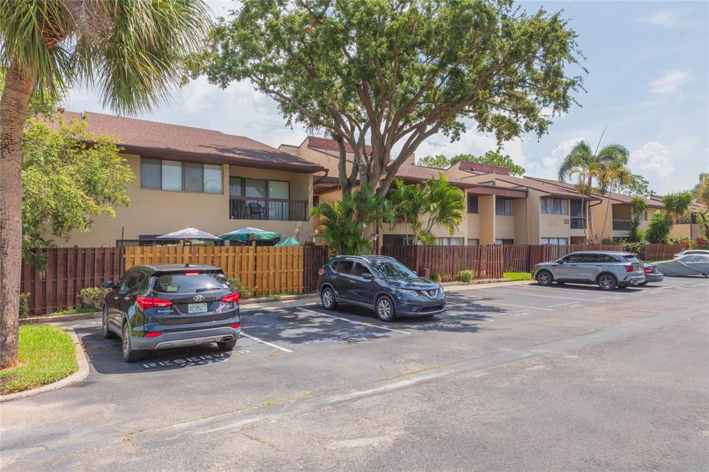 A parking lot sits in front of multi-story apartment buildings with wooden privacy fences — 895 N VILLAGE DRIVE N UNIT 204, ST PETERSBURG, FL