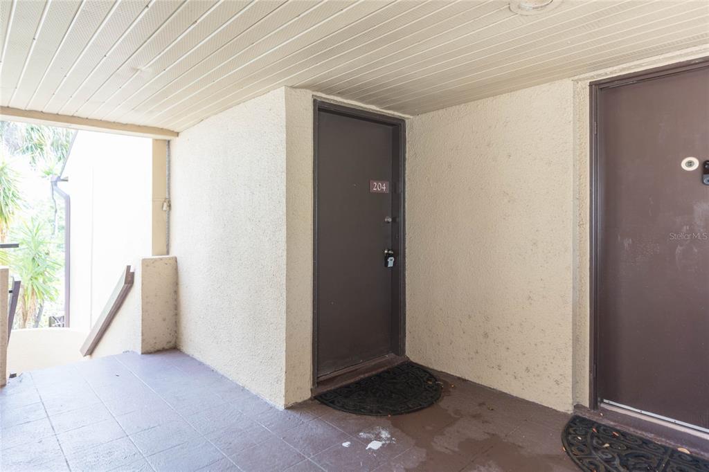 An exterior view of a covered apartment building walkway featuring two brown entry doors — 895 N VILLAGE DRIVE N UNIT 204, ST PETERSBURG, FL
