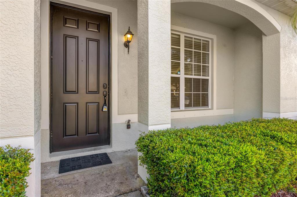 A dark brown front door with a lockbox sits beside a window and green bushes — 8874 CHRISTIE DRIVE, LARGO, FL