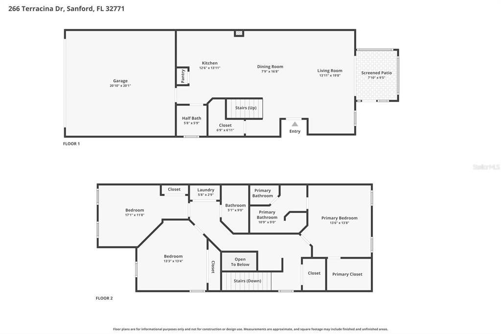 This is a two-story floor plan showing the layout of a residential home — 266 TERRACINA DRIVE, SANFORD, FL