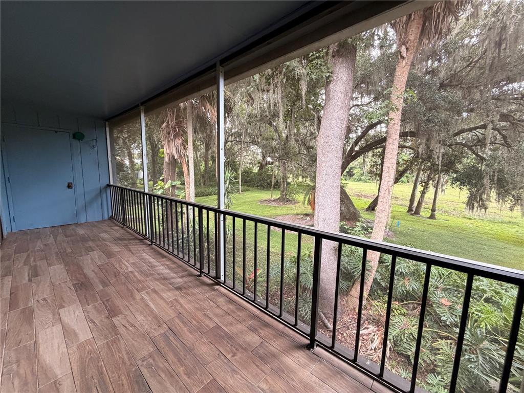 A covered balcony features wood-look tile flooring, a black metal railing, and a screened view — 423 SHEOAH BOULEVARD UNIT 14, WINTER SPRINGS, FL
