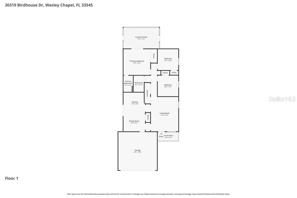 This is a floor plan for a single-story house with a garage and screened patio — 30319 BIRDHOUSE DRIVE, WESLEY CHAPEL, FL