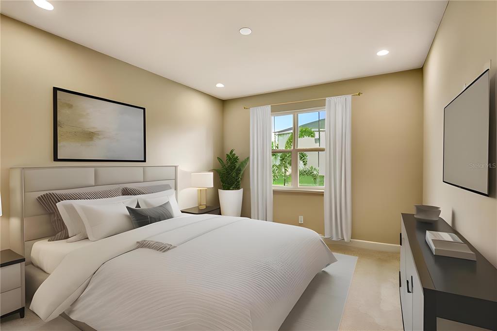This is a digital rendering of a bedroom featuring a bed, window, and wall-mounted television — 3540 STONEBRIAR LANE, SANFORD, FL