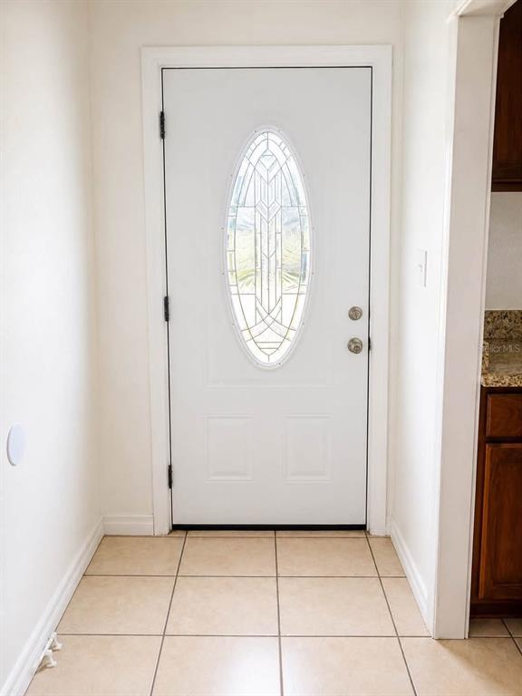 A white front door with an oval glass insert sits in a tiled entryway — 208 PALMYRA DRIVE, ORLANDO, FL