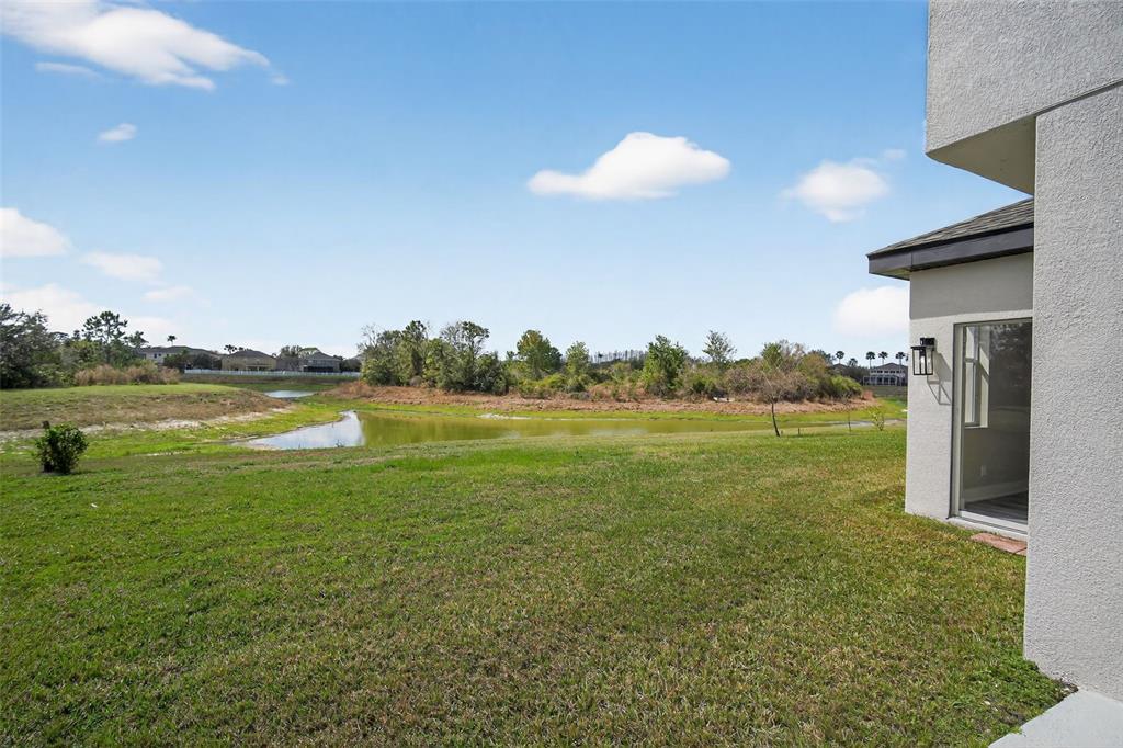 A view of a grassy backyard overlooking a pond with trees and houses in the distance — 20054 NOB OAK AVENUE, TAMPA, FL