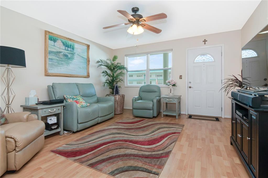 A living room features light wood flooring, a ceiling fan, and a patterned area rug — 5935 30TH AVENUE S UNIT 206, GULFPORT, FL