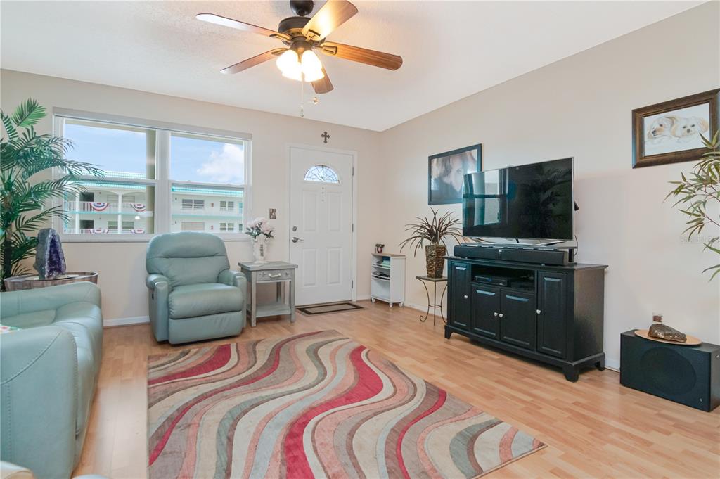A living room features light wood flooring, a ceiling fan, and a television on a stand — 5935 30TH AVENUE S UNIT 206, GULFPORT, FL