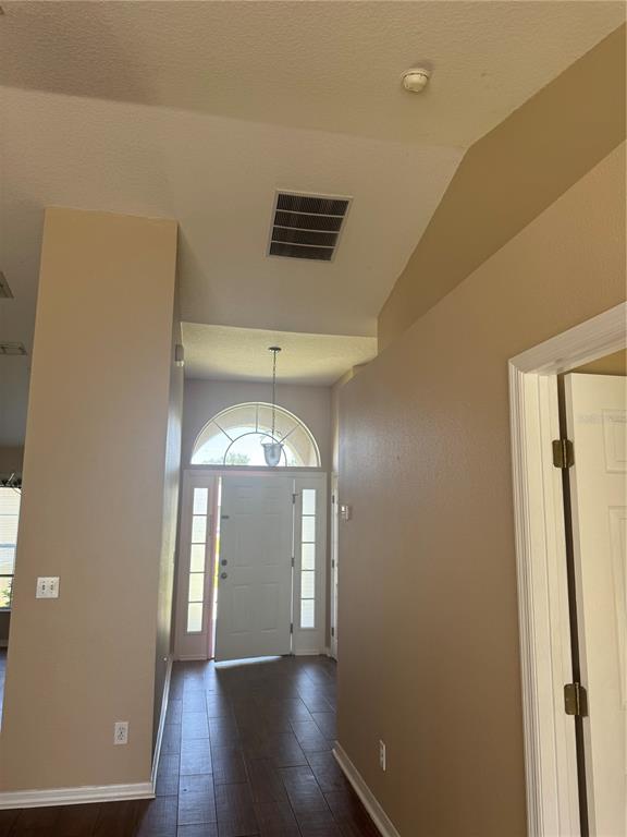 An entryway features a white front door with sidelights, a vaulted ceiling, and wood-look flooring — 606 TAMARIN LANE, KISSIMMEE, FL
