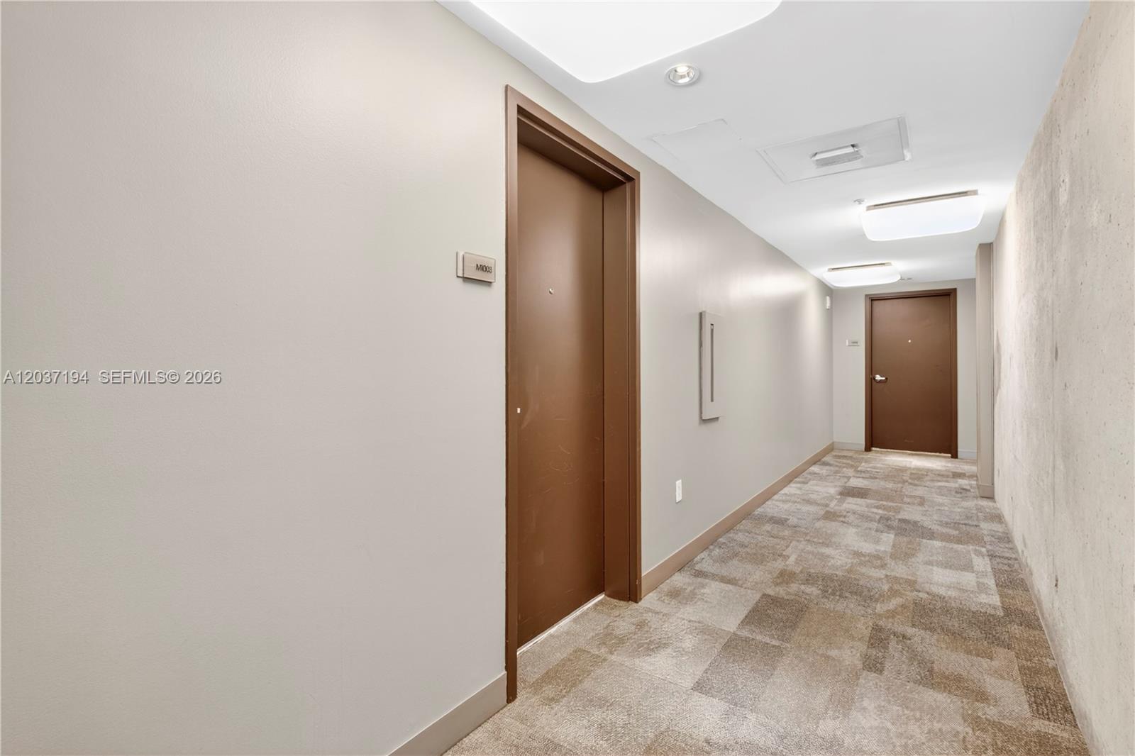 A hallway features brown doors, light-colored walls, and patterned carpet flooring — 3451 NE 1st Ave, Miami FL 33137, MIAMI, FL